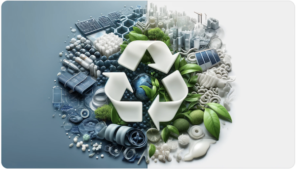 image showing various samples of silicone elastomers, highlighting their texture, flexibility, and innovative properties, along with elements symbolizing their environmental impact and sustainability.